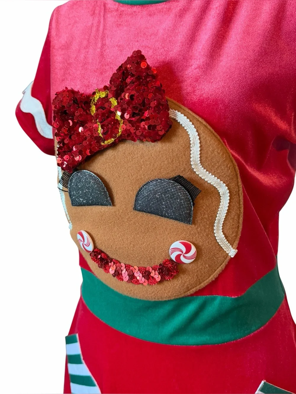 Christmas Dress- Women’s Red Gingerbread Dress Costume w/ Glittery Bow & Pocket